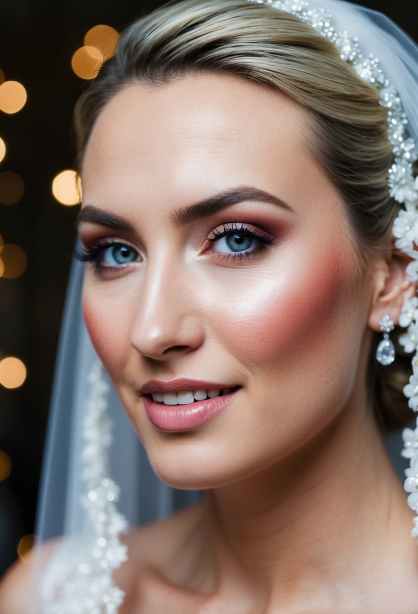 Soft light illuminates a bride's rosy cheeks, accentuated with a subtle highlighter