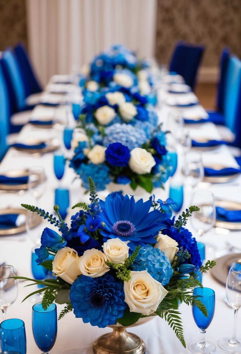 A table adorned with sapphire floral arrangements in various shades of blue, creating a serene and elegant atmosphere for a wedding