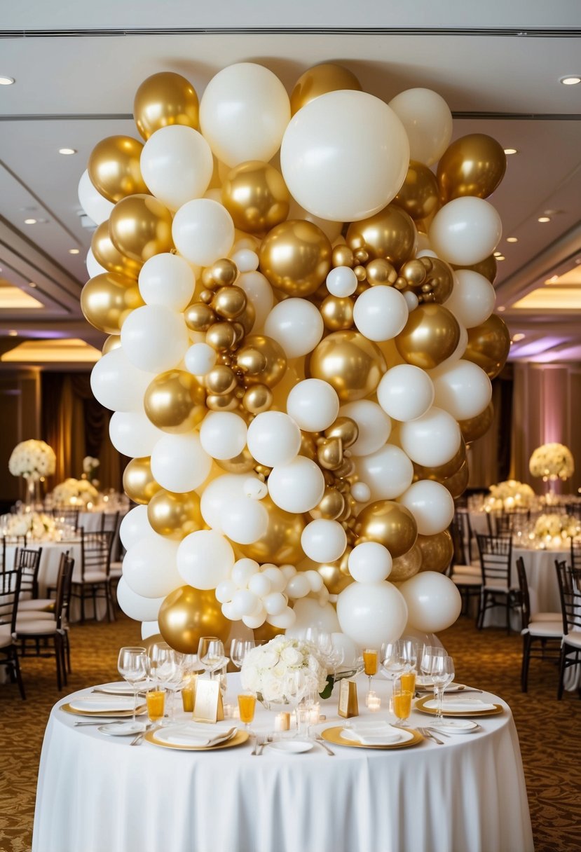 A grand, elegant backdrop of gold and white balloons fills the wedding venue, creating a stunning and romantic atmosphere