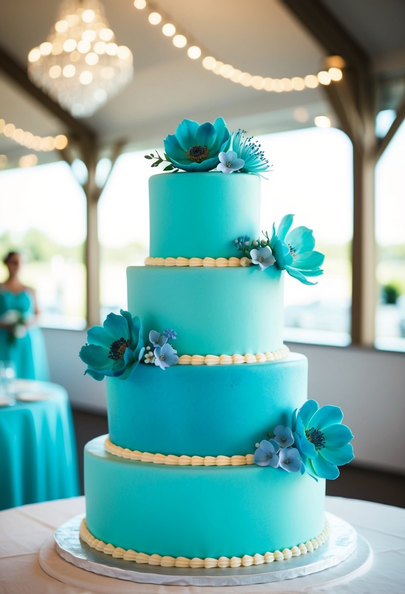 Three-tiered wedding cake in shades of turquoise, adorned with delicate blue flowers and intricate icing designs