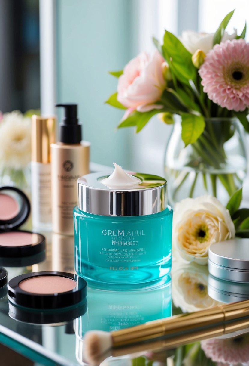 A glass jar of gel-based moisturizer surrounded by fresh flowers and wedding makeup products on a vanity table