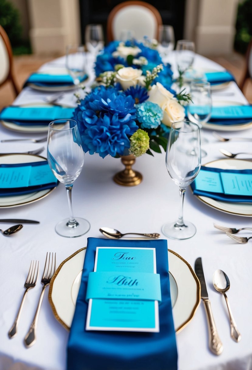 A table set with azure place cards, surrounded by blue floral centerpieces and elegant silverware