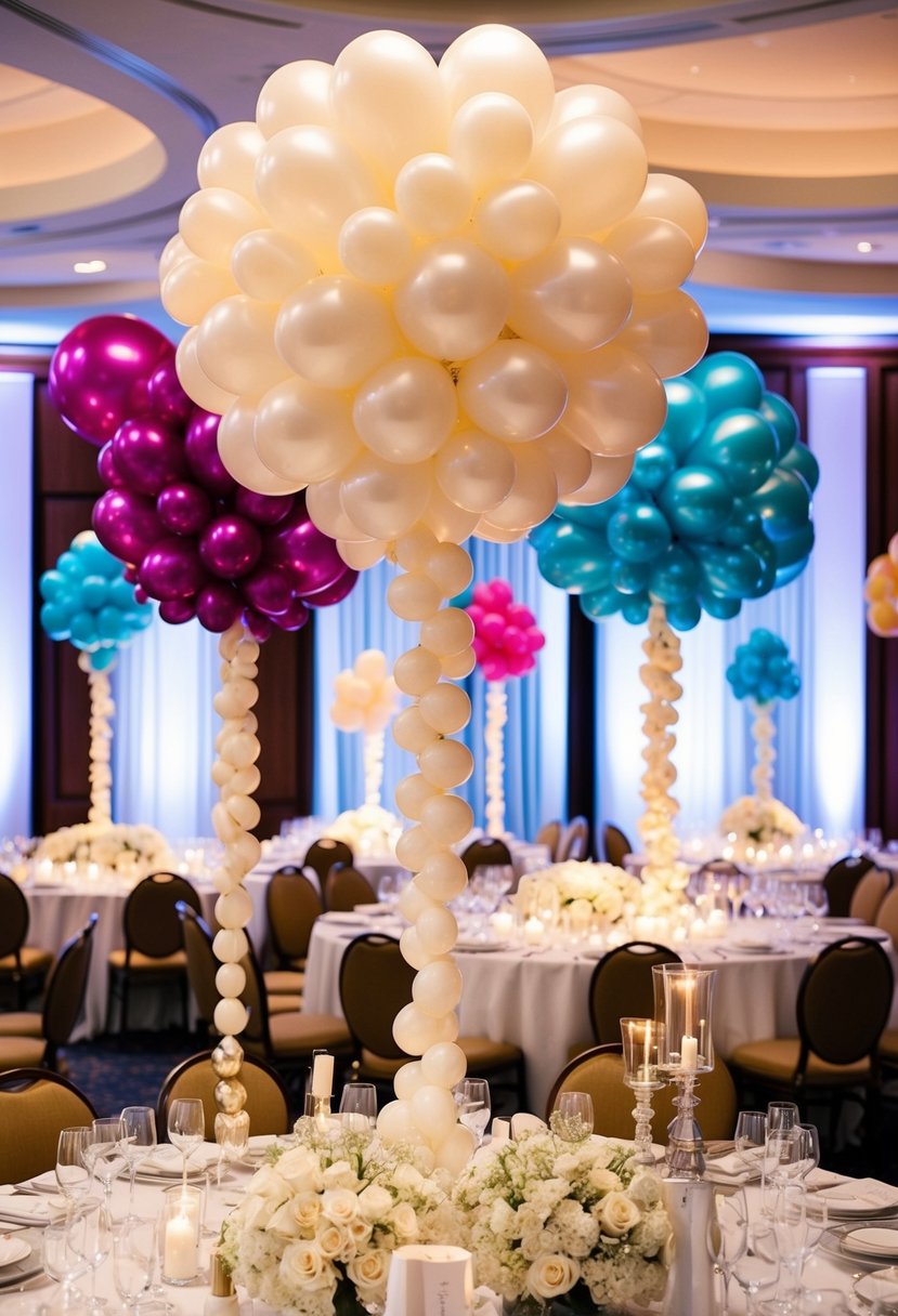 A grand display of elegant balloon bouquets in various sizes and colors, arranged in a decorative manner for a wedding celebration