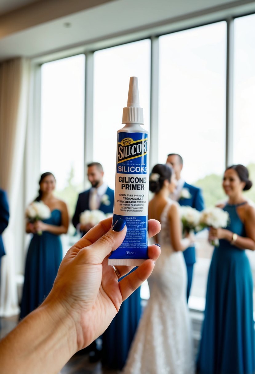 A hand holding a silicone-based primer tube with wedding guests in the background getting ready