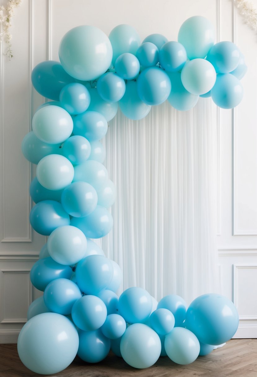 A lush, pastel blue balloon garland cascades down a white backdrop, creating a dreamy and romantic atmosphere for a wedding celebration