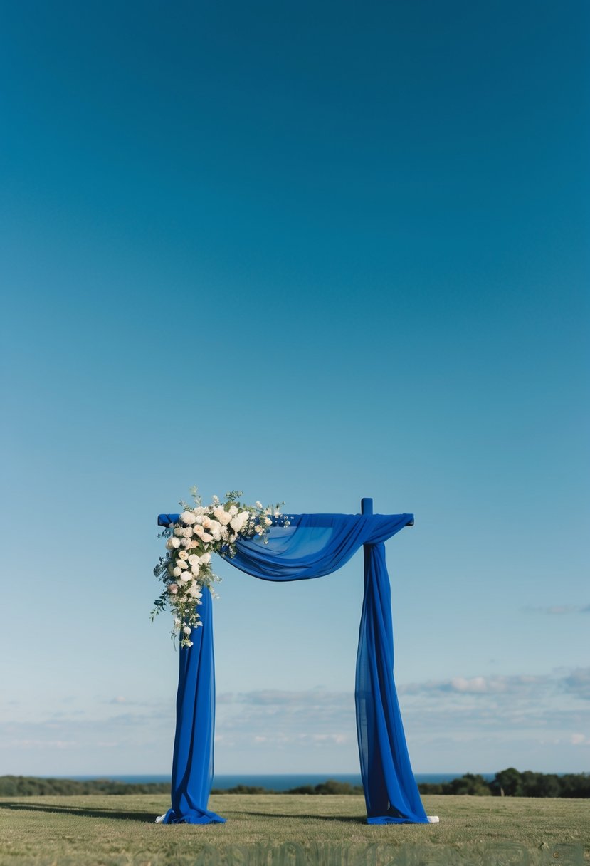 A cobalt wedding arch stands against a clear blue sky, adorned with delicate white flowers and billowing fabric