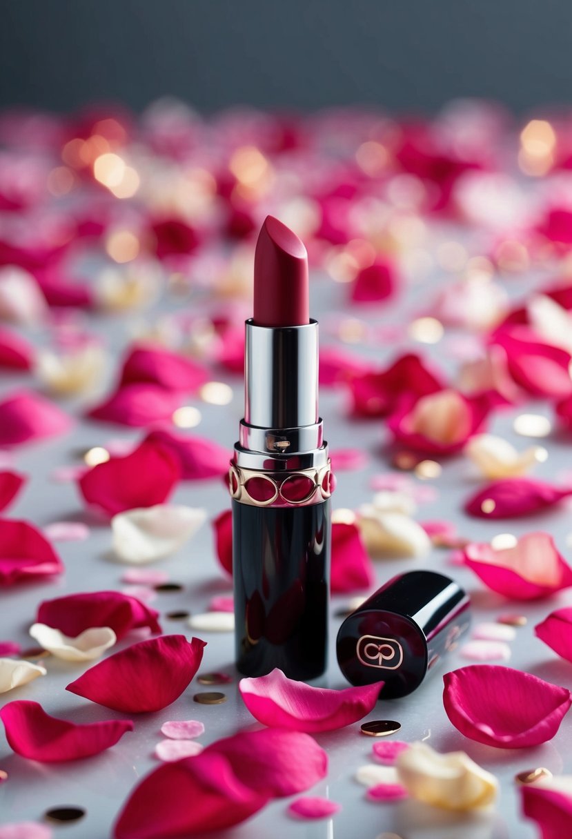 A lipstick tube surrounded by scattered rose petals and wedding confetti