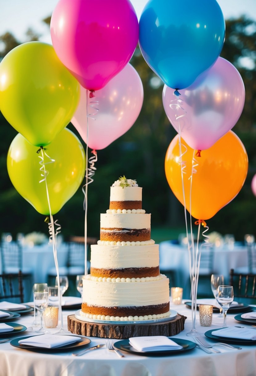 A table adorned with a tiered cake and colorful balloons for a wedding celebration