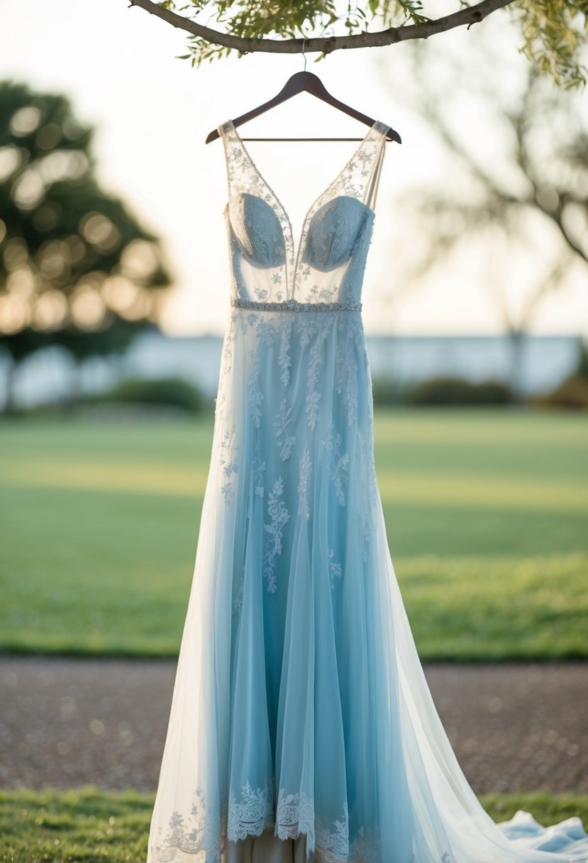 A flowing, barely blue wedding dress on a hanger with delicate lace and shimmering details