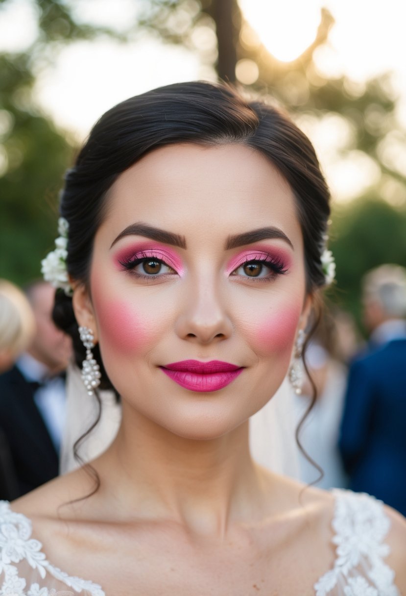 Soft pink blush on cheeks, elegant wedding guest makeup