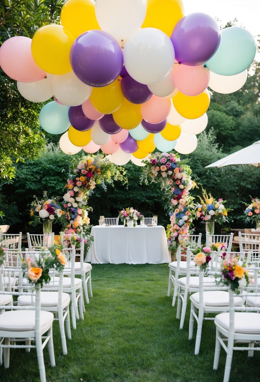 A garden-themed wedding with colorful floral balloon arrangements adorning the outdoor ceremony and reception area