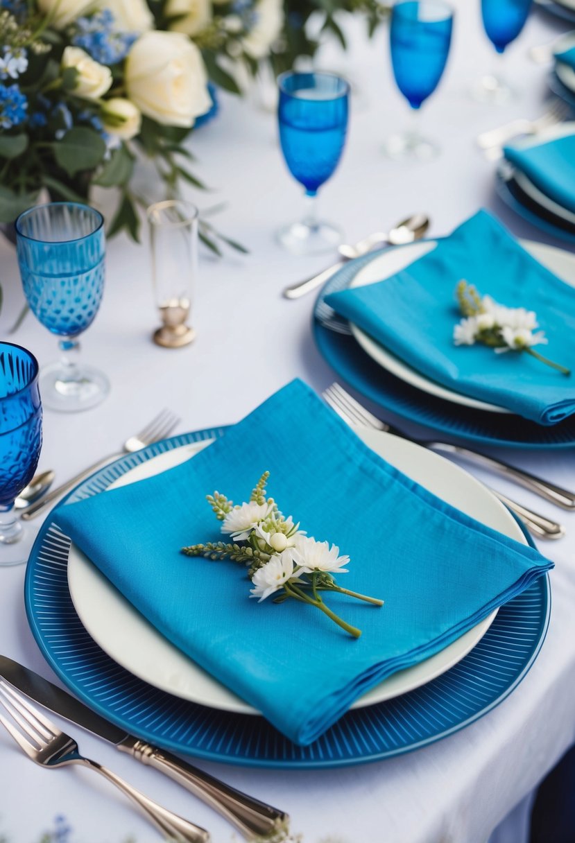 A table set with sky blue napkins, white plates, and silverware for a blue-themed wedding