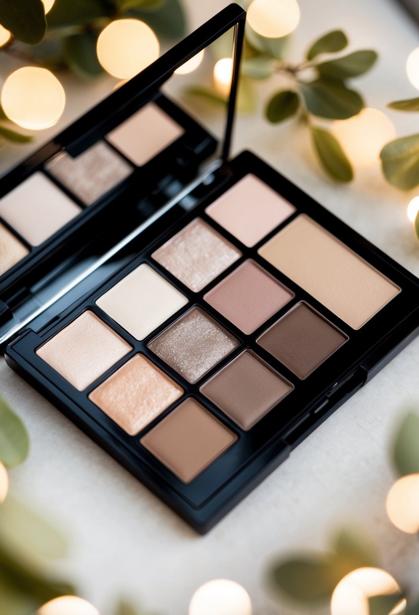 A close-up of an elegant makeup palette with various shades of brow filler, surrounded by soft, natural lighting