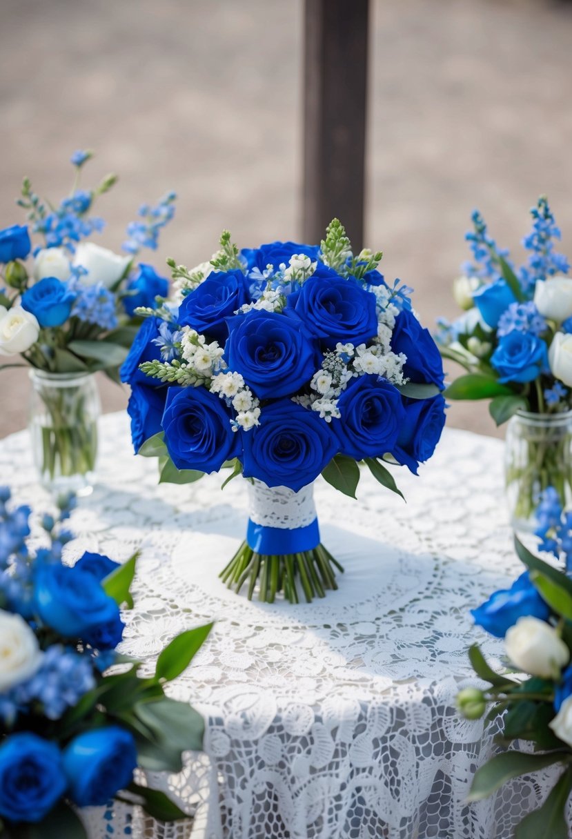 A royal blue bouquet sits on a white lace tablecloth, surrounded by delicate blue and white floral arrangements