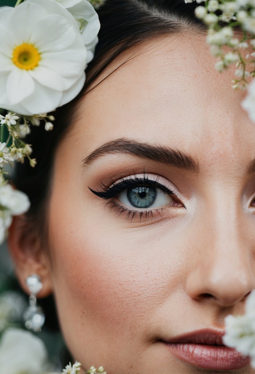 A close-up of a wedding guest's eye with waterproof eyeliner, surrounded by delicate floral decorations