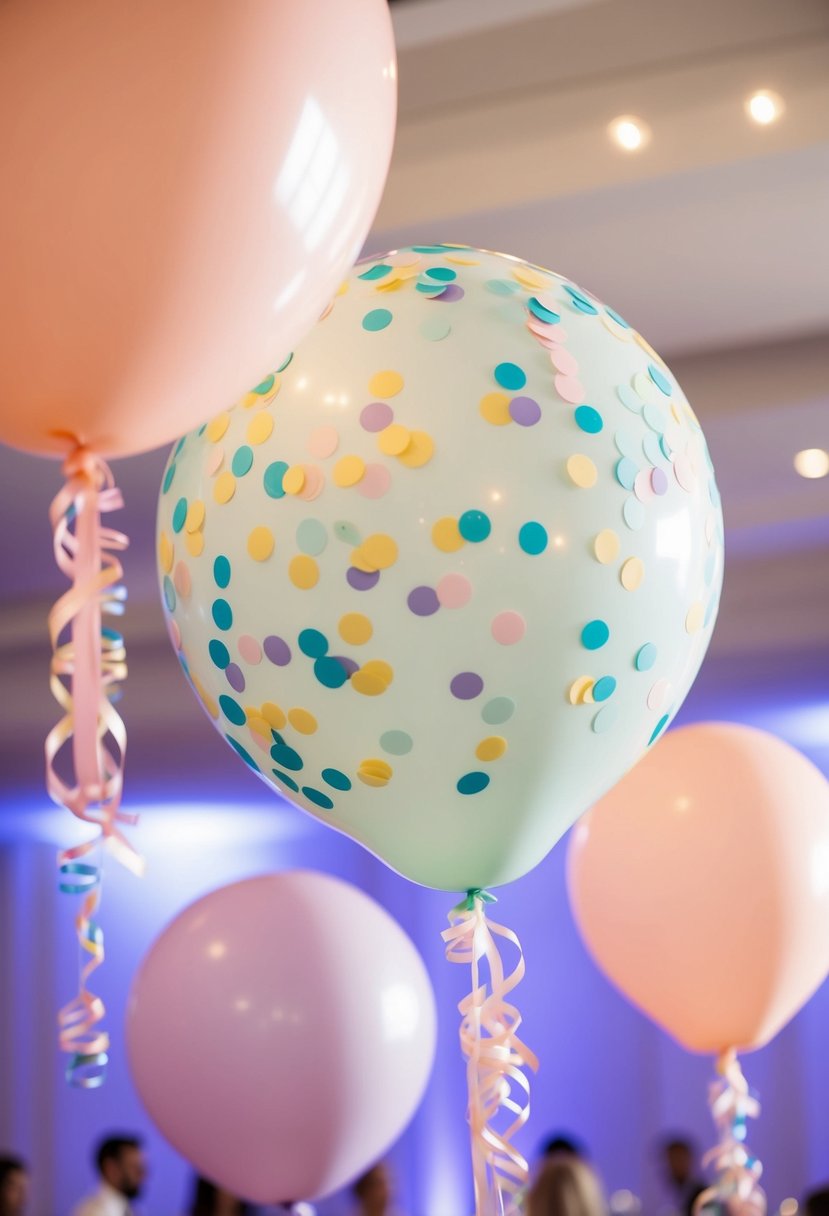 Several large confetti-filled balloons in pastel colors float above a wedding reception, adding a festive and whimsical touch to the decor