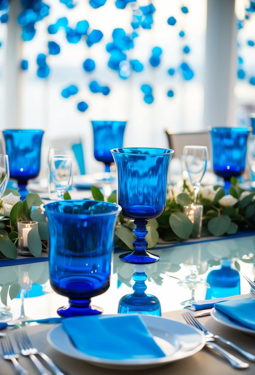 A table adorned with reflective blue centerpieces, casting a serene and elegant ambiance for a blue-themed wedding