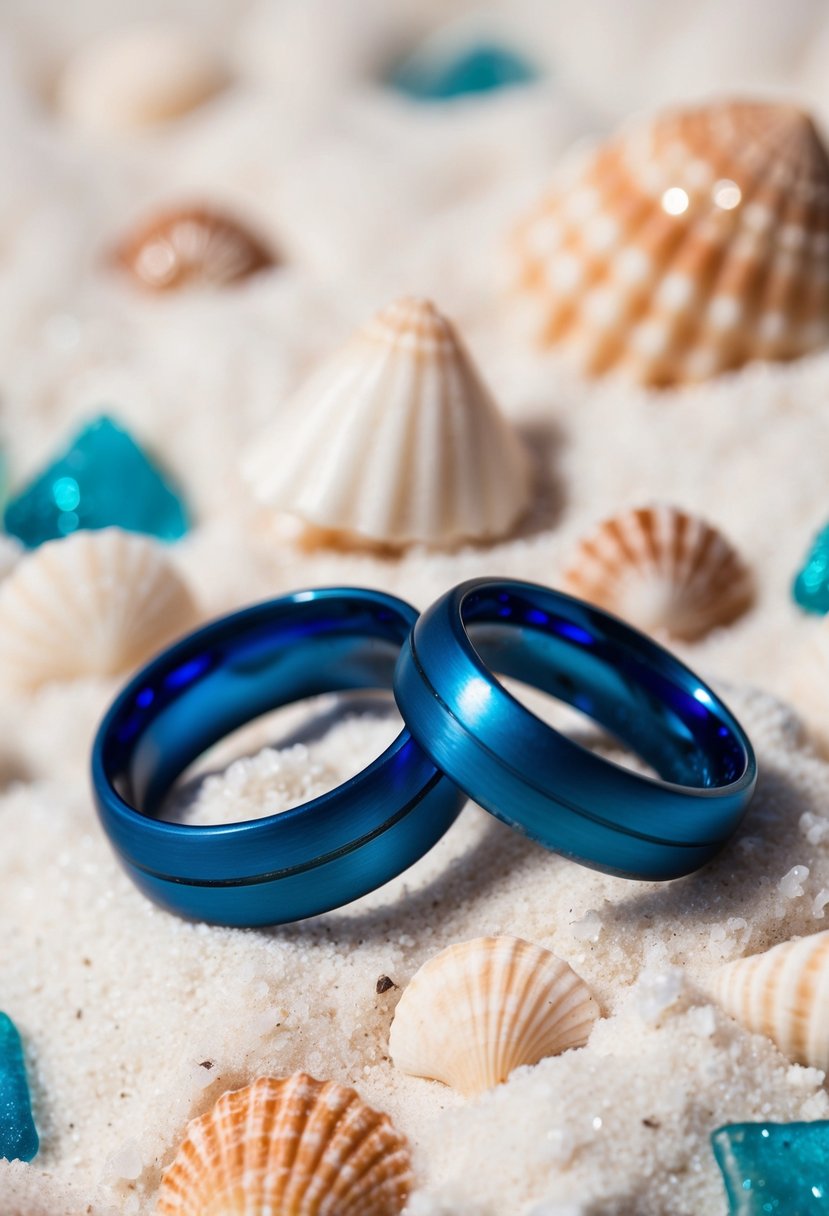 Two ocean blue wedding rings nestled on a bed of white sand, surrounded by delicate seashells and glistening sea glass