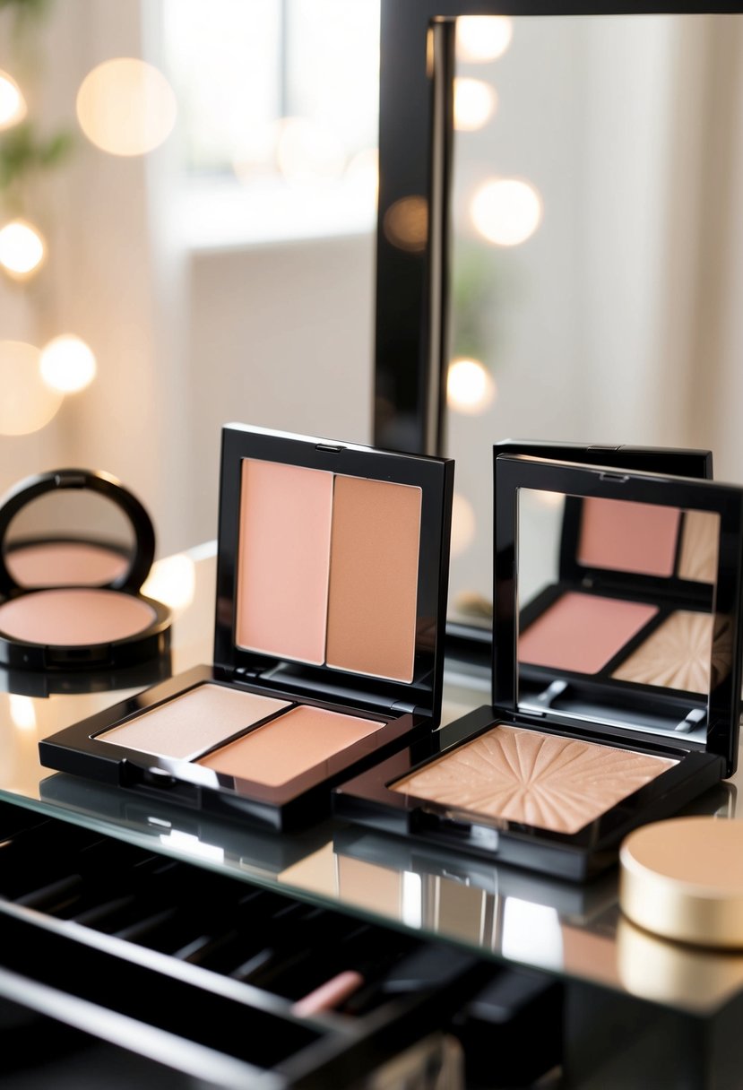 A makeup palette with a bronzer, blush, and highlighter arranged on a vanity table with soft natural lighting