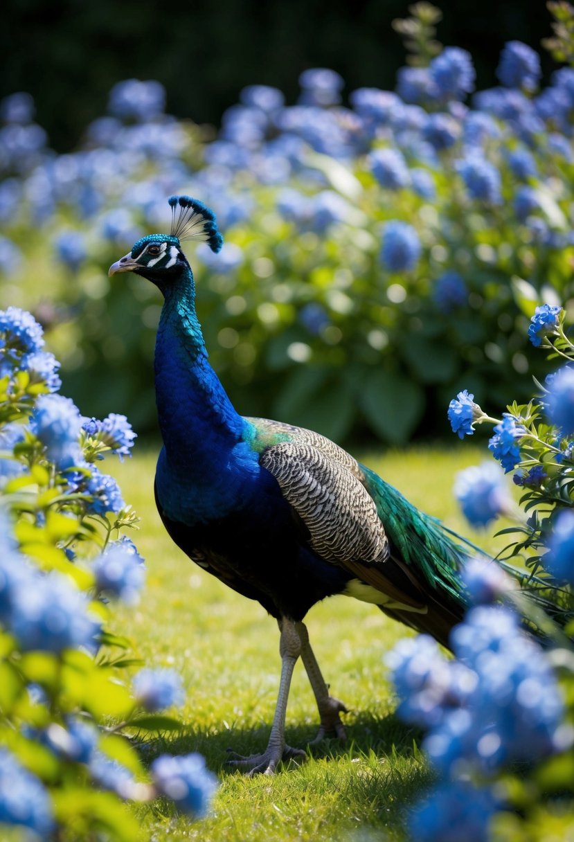 A peacock walks through a garden of blue flowers, its feathers shimmering in the sunlight