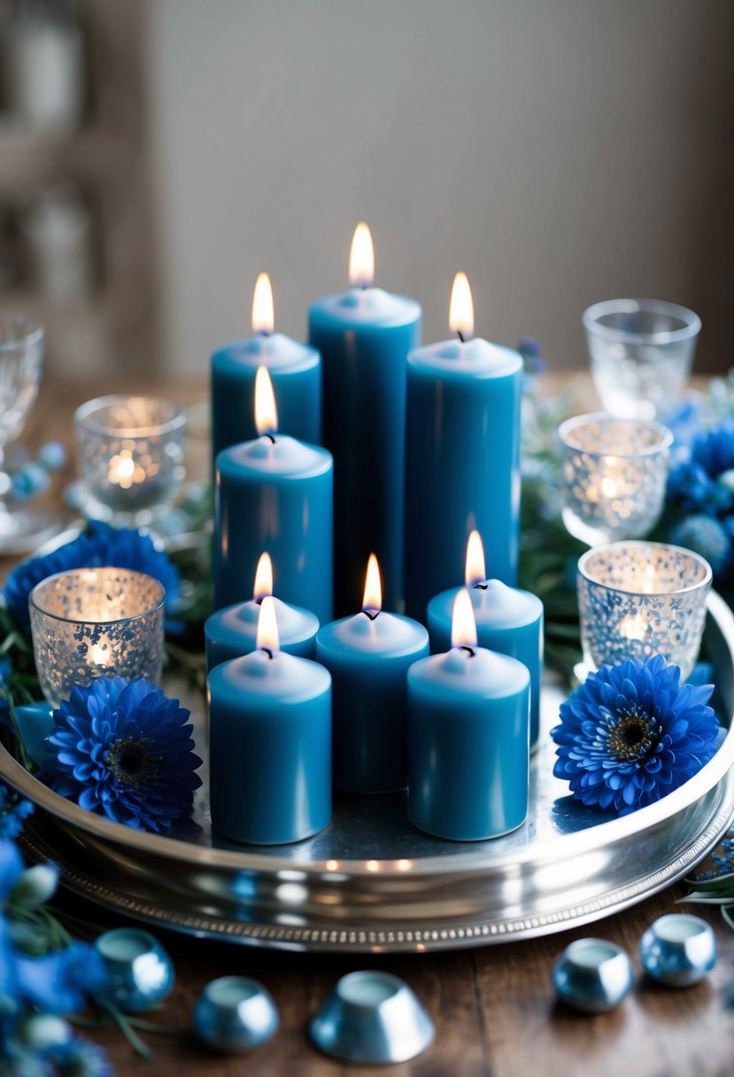 Steel blue candles arranged in a cluster on a silver tray, surrounded by delicate blue floral arrangements and shimmering glass votives