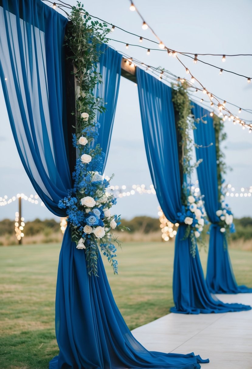 Elegant indigo drapes billow in the breeze, adorned with delicate blue floral arrangements and twinkling fairy lights, creating a dreamy atmosphere for a wedding celebration