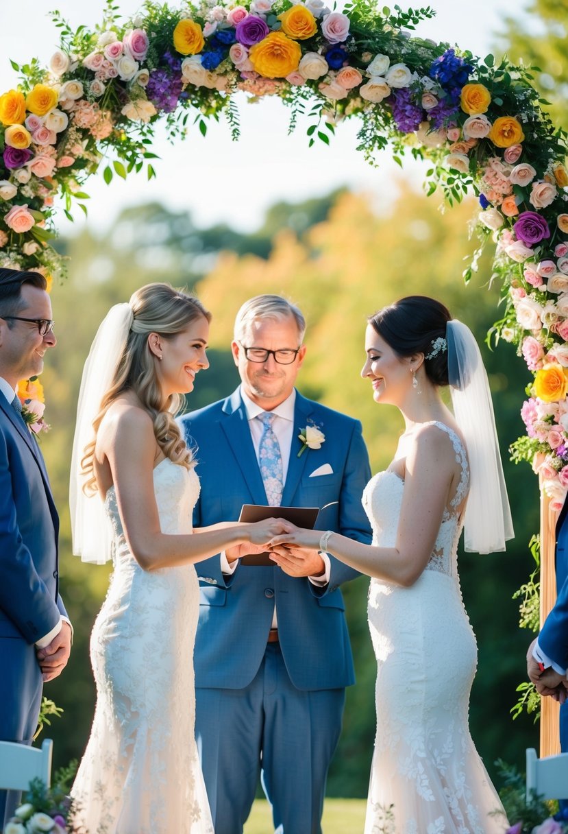 A colorful outdoor wedding ceremony with two brides or two grooms exchanging vows under a floral archway