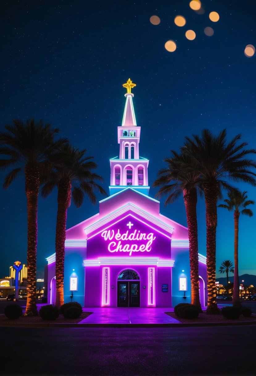 A neon-lit wedding chapel in Las Vegas, surrounded by palm trees and a starry night sky