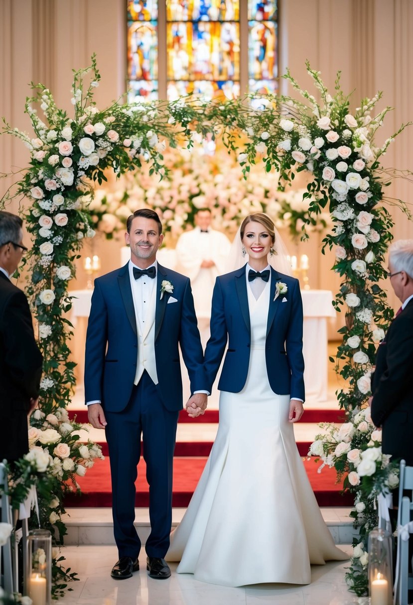 Two brides in matching tuxedos stand hand in hand at the altar, surrounded by a beautiful array of flowers and decorations