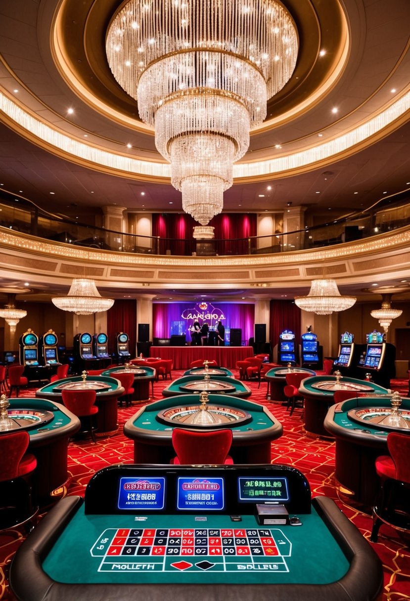 A grand casino ballroom with roulette tables, slot machines, and a stage for live music. Glittering chandeliers and red velvet decor create a lavish atmosphere