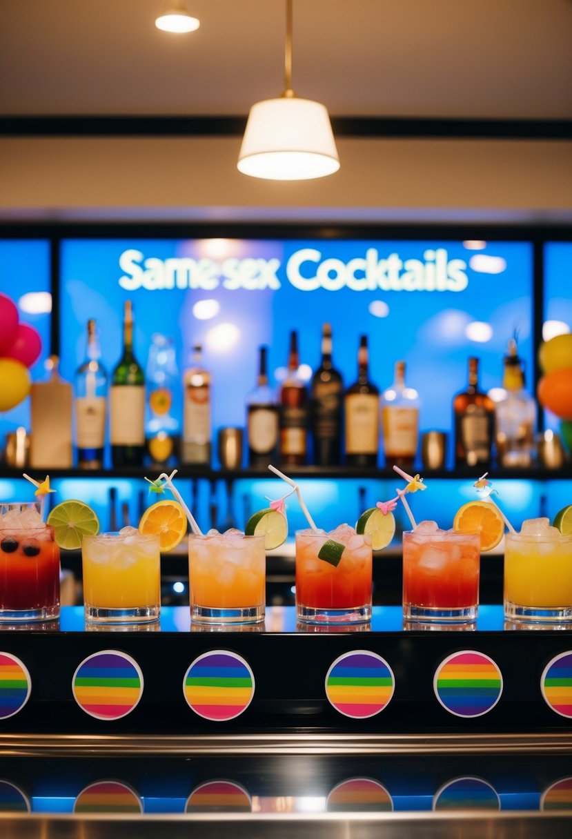 A colorful array of customized cocktails on a sleek bar, adorned with rainbow decor and same-sex wedding symbols