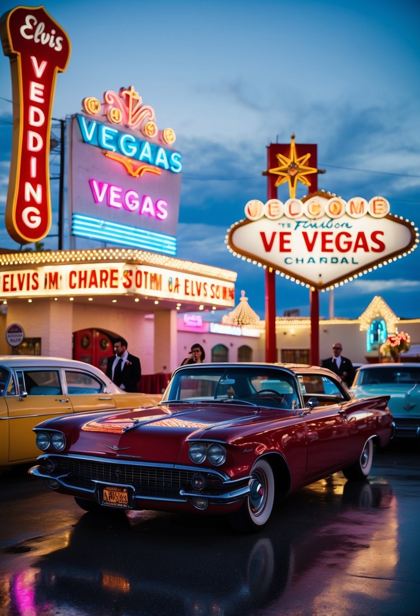 A vintage Vegas wedding scene with neon signs, retro cars, and a chapel with Elvis impersonator