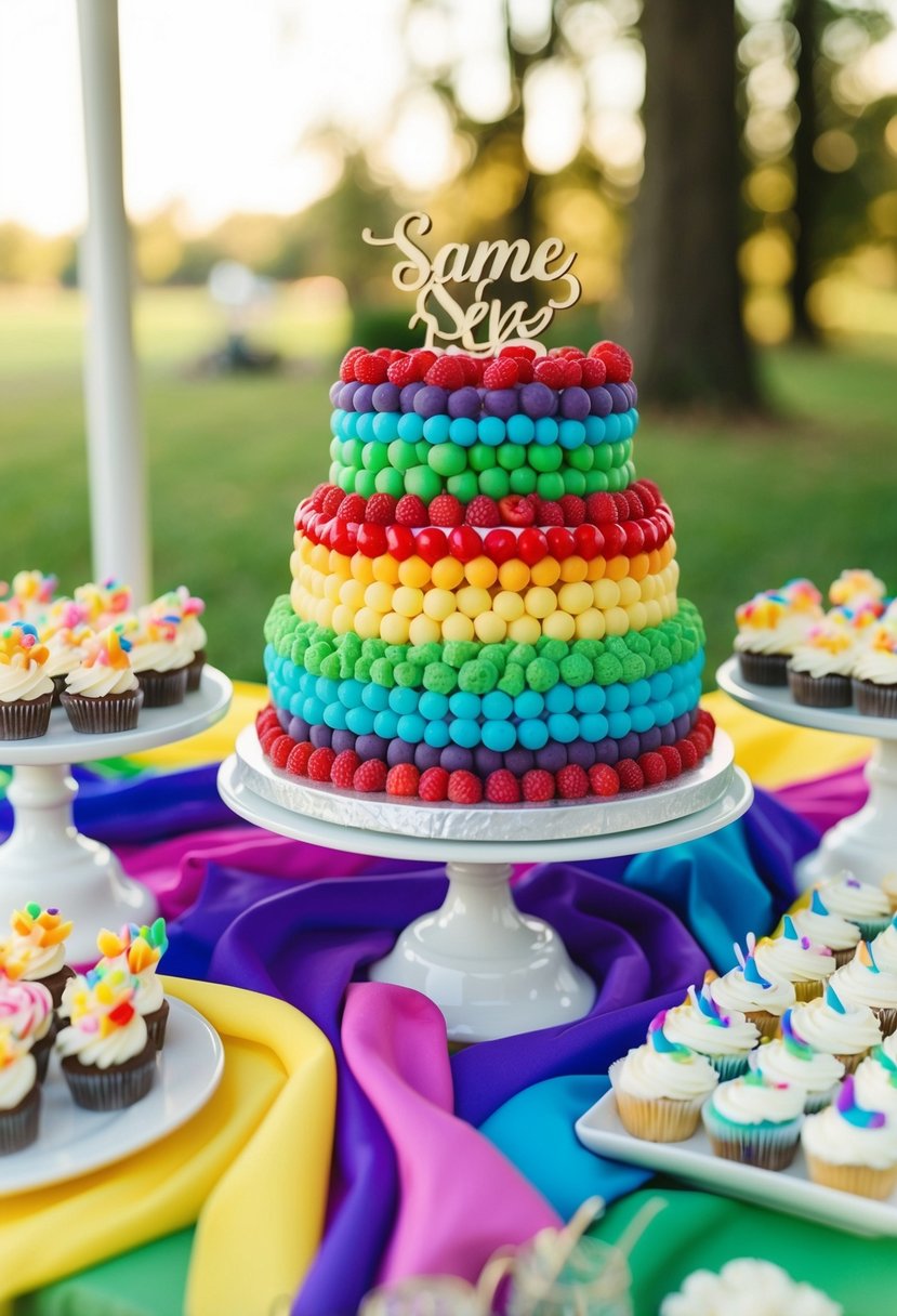 A dessert table adorned with rainbow-colored treats and decorations for a same-sex wedding celebration