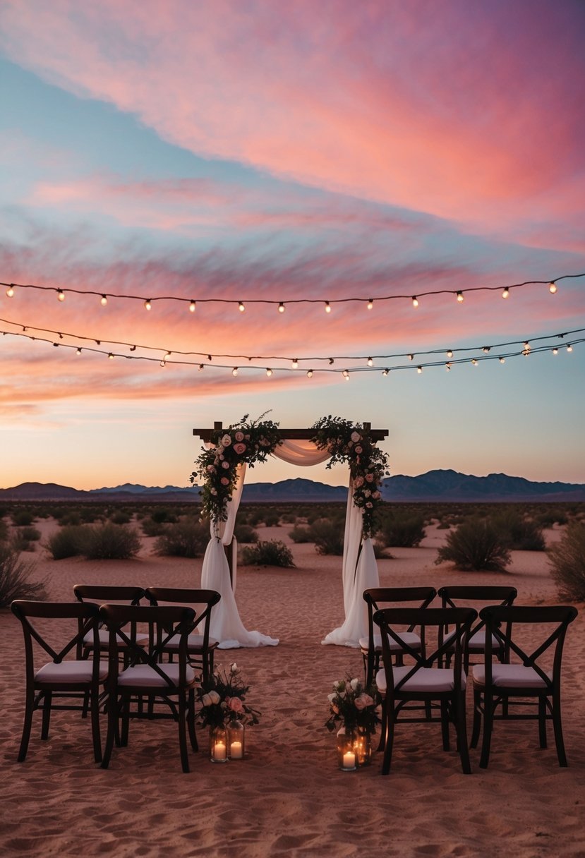 A desert landscape with a vibrant pink and orange sunset. A small, intimate ceremony set up with elegant decor and twinkling lights under the dusky sky