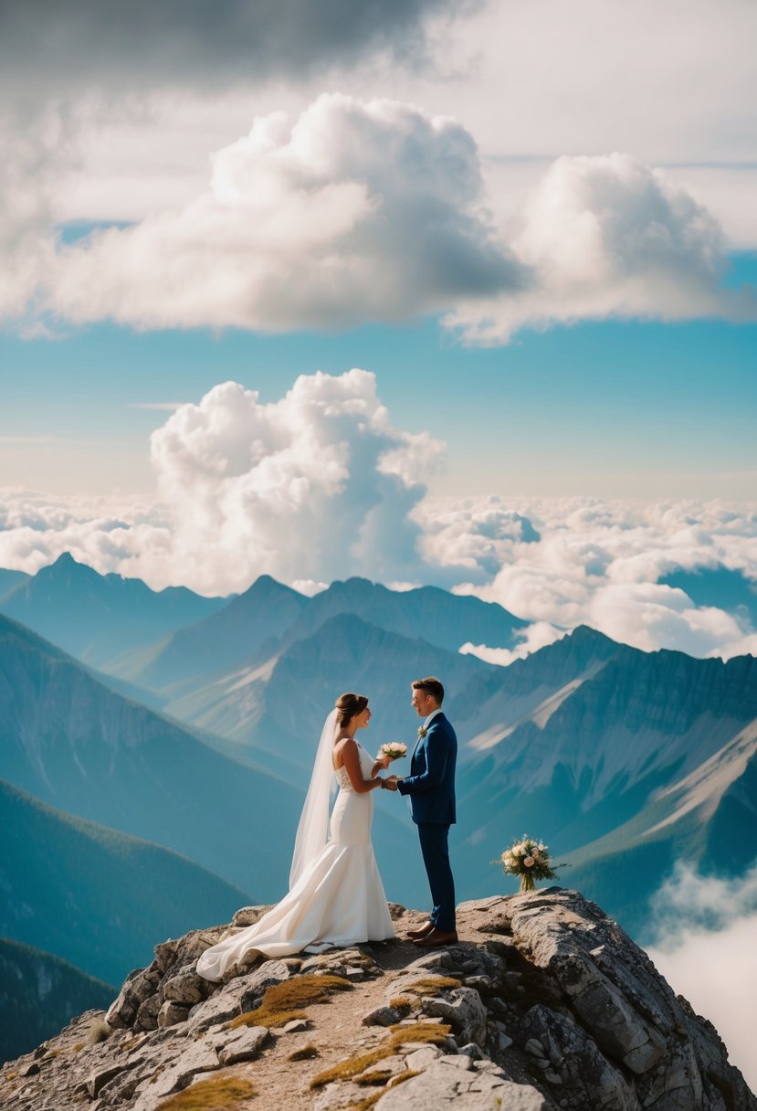 Atop a rugged mountain peak, two figures exchange vows amidst sweeping views and billowing clouds