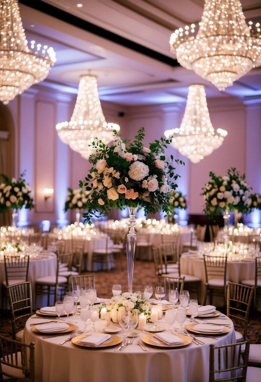 A grand ballroom adorned with twinkling lights, elegant floral arrangements, and a lavish banquet table set for a wedding reception