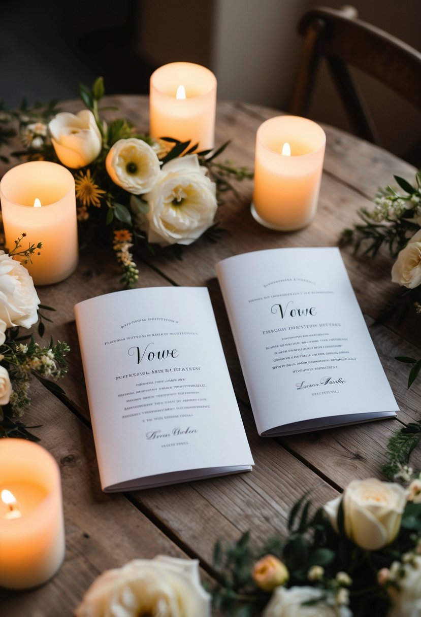 Two elegant, personalized vow booklets rest on a rustic wooden table, surrounded by delicate floral arrangements and soft candlelight