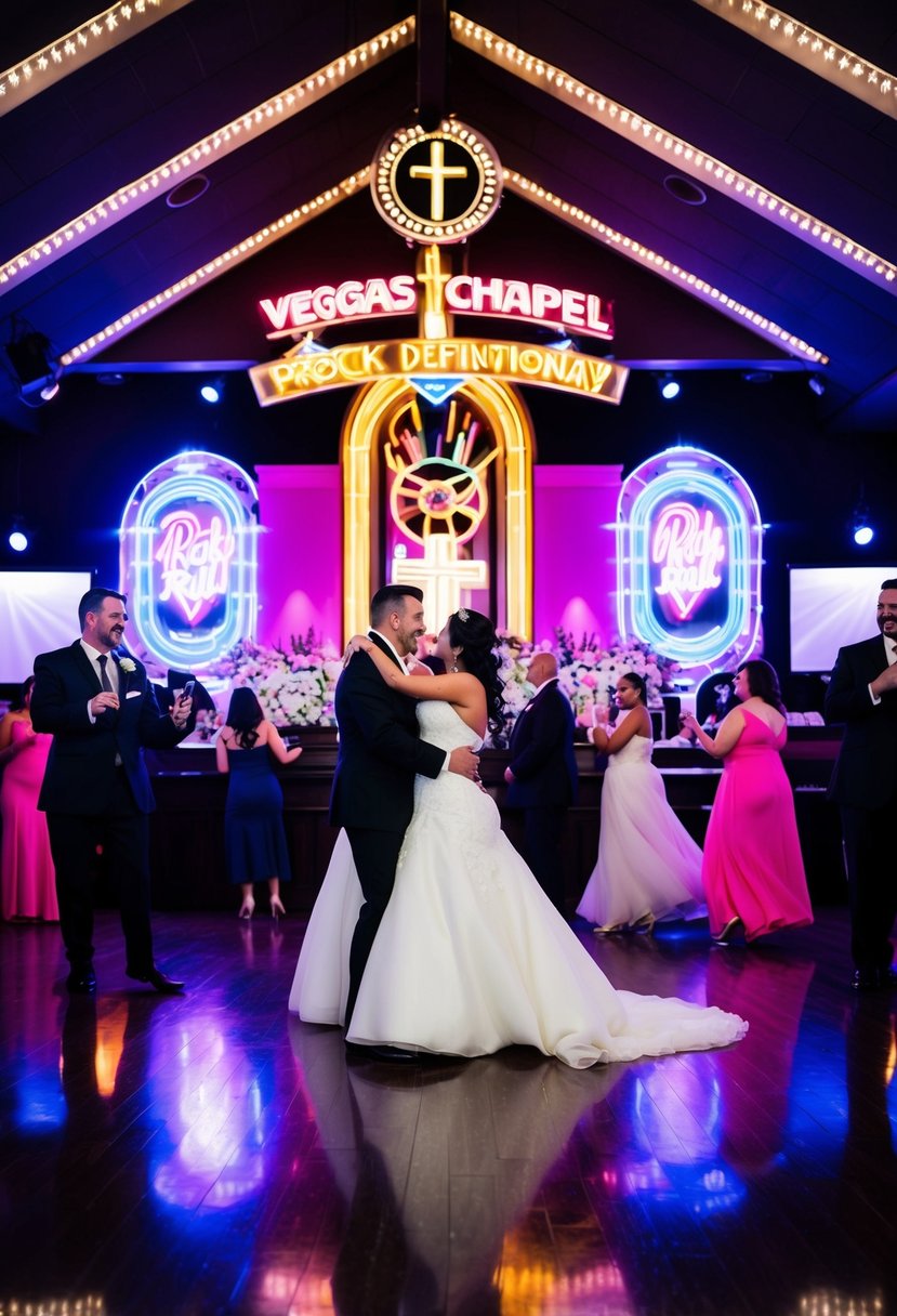 A lively wedding reception in a Vegas chapel, with a rock 'n' roll theme. Music, dancing, and neon lights create a vibrant atmosphere