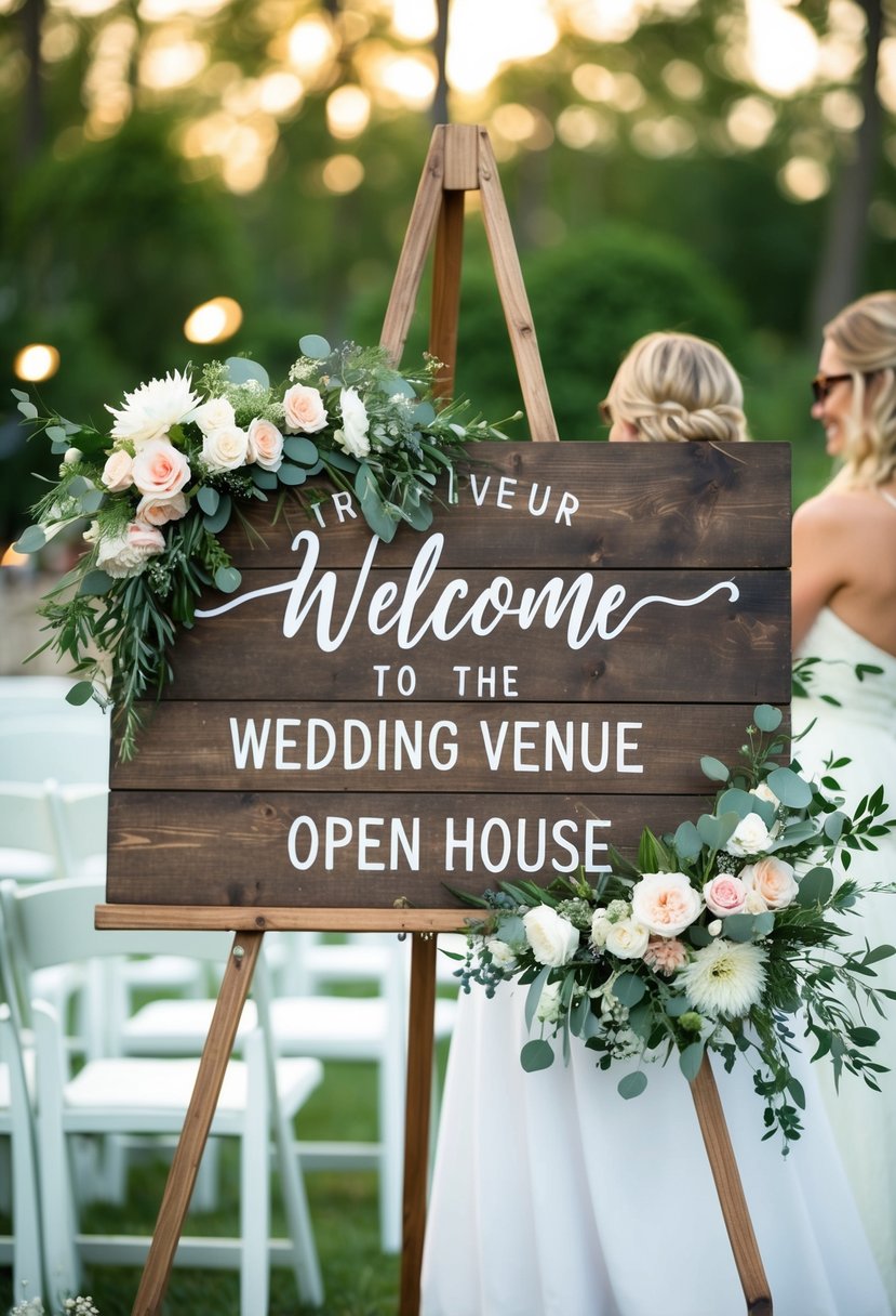 A rustic wooden sign adorned with flowers and greenery, welcoming guests to a wedding venue open house