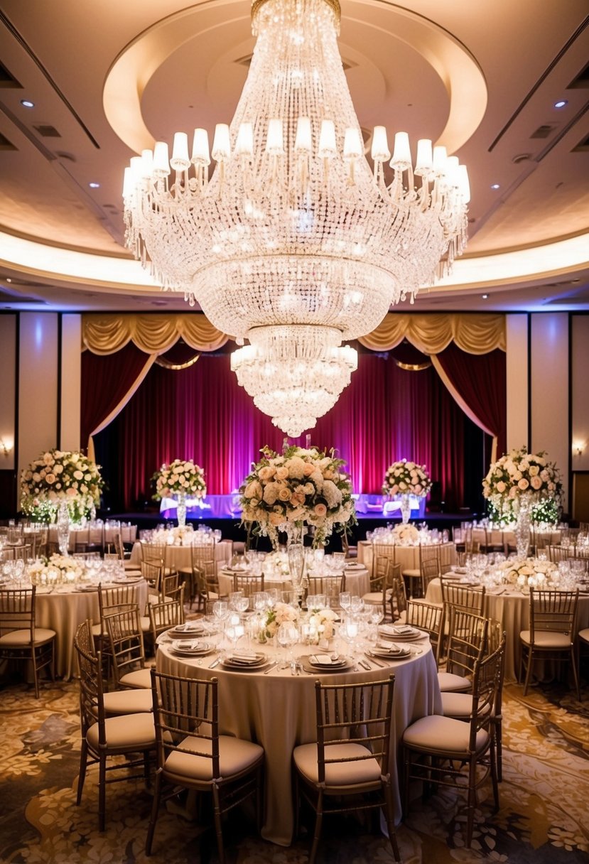 A sparkling chandelier illuminates a grand ballroom filled with elegant tables adorned with glittering centerpieces and opulent floral arrangements. A stage is set for a dazzling performance, with velvet curtains drawn back to reveal a glamorous Vegas wedding scene