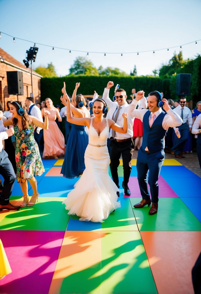 A colorful outdoor wedding with two dance floors and guests wearing headphones, dancing and celebrating