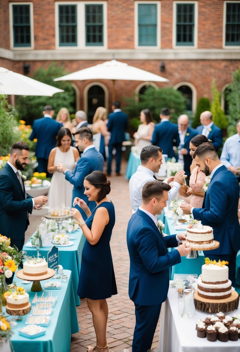 Colorful vendor booths line the outdoor courtyard, offering interactive displays and samples. Couples mingle, trying on wedding bands and tasting cake samples