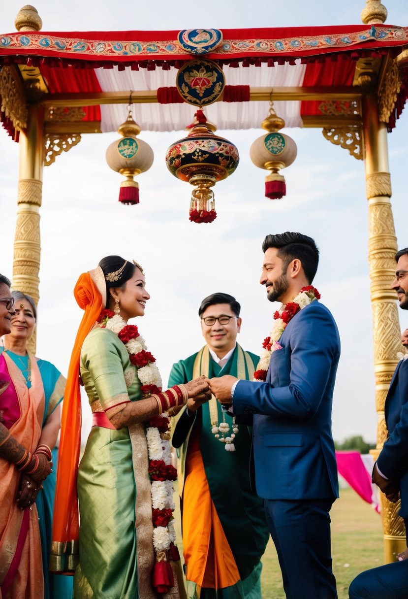 A same-sex couple exchanging vows under a traditional wedding arch adorned with cultural symbols and surrounded by loved ones