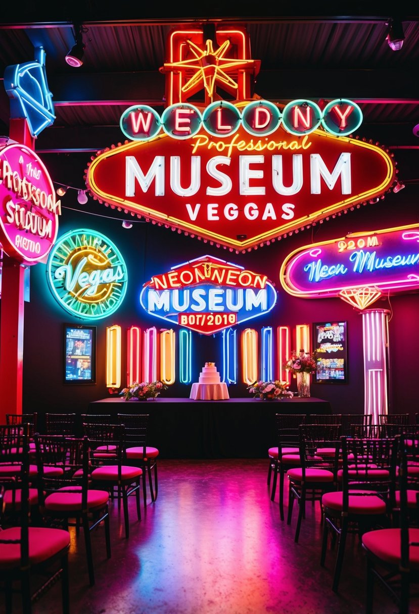 The Neon Museum venue in Vegas, with vibrant signs and a wedding setup