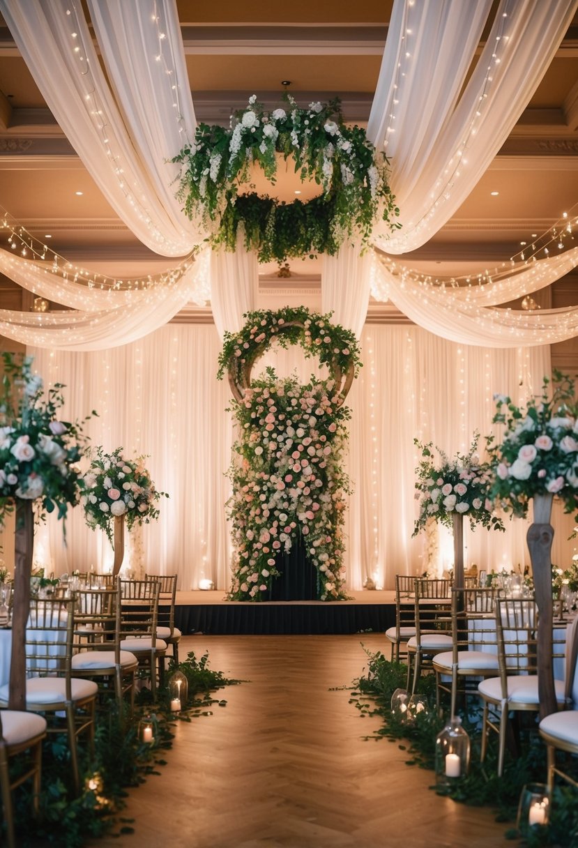 A grand ballroom adorned with elegant floral arrangements, twinkling fairy lights, and luxurious drapery. A picturesque garden setting complete with rustic wooden arches, blooming flowers, and romantic string lights