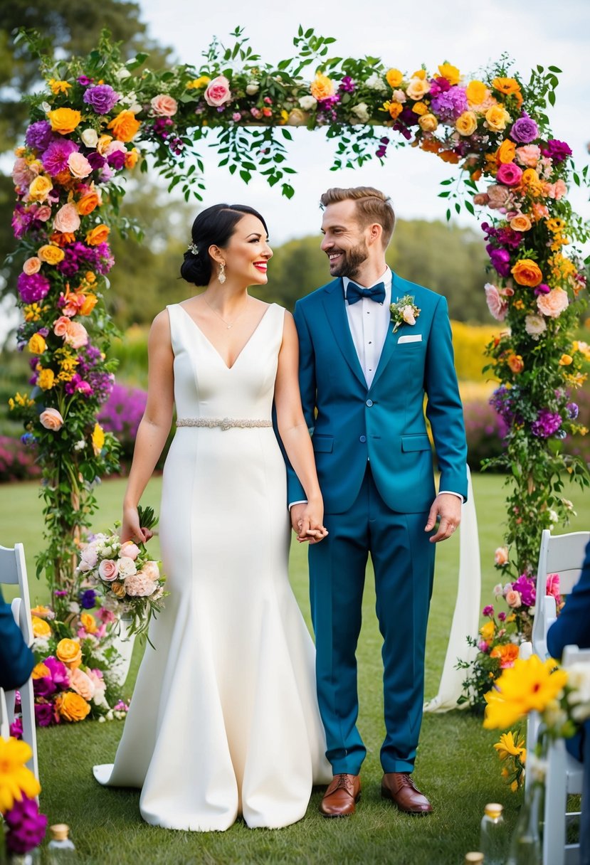 Two figures in coordinating but non-matching outfits stand side by side, surrounded by colorful flowers and decorations in a joyful wedding setting