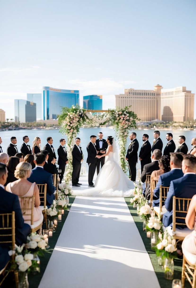 A grand wedding ceremony at Mandalay Bay with elegant decor, flowers, and a beautiful view of the Las Vegas skyline