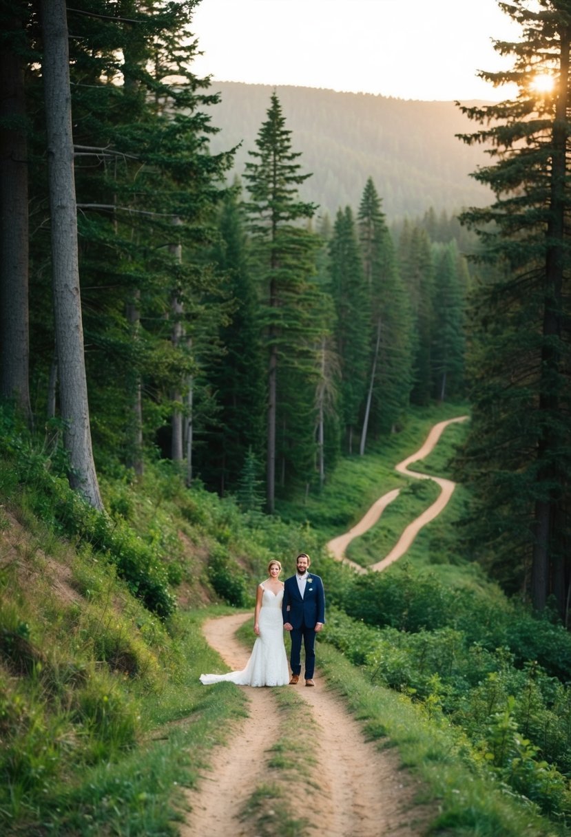 A couple stands at the edge of a lush forest, surrounded by towering trees and a winding trail leading into the wilderness. The sun casts a warm glow over the landscape, creating a serene and picturesque setting for a post-ceremony hike