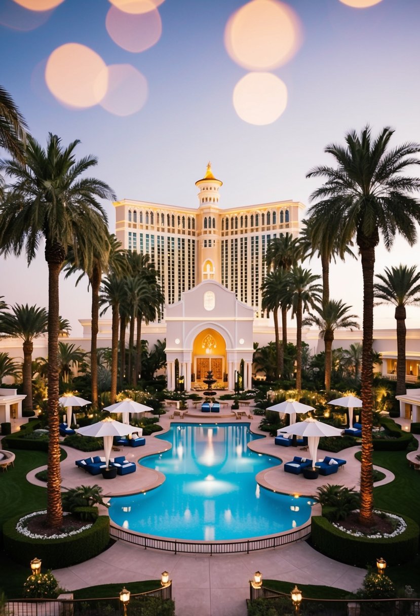 A luxurious resort in Vegas, with palm trees, poolside cabanas, and a grand wedding chapel surrounded by lush gardens and twinkling lights