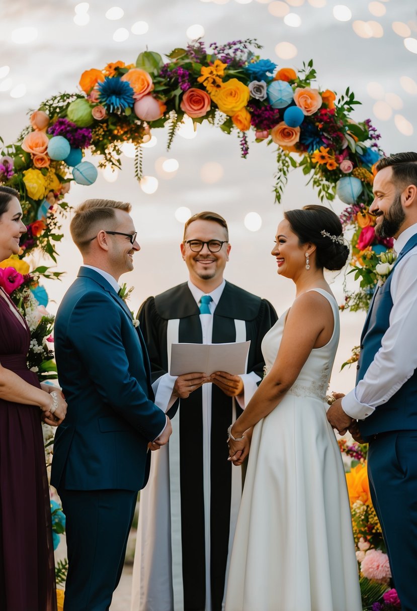 A non-traditional wedding officiant stands between two same-sex couples, surrounded by colorful and diverse decorations, symbolizing love and unity